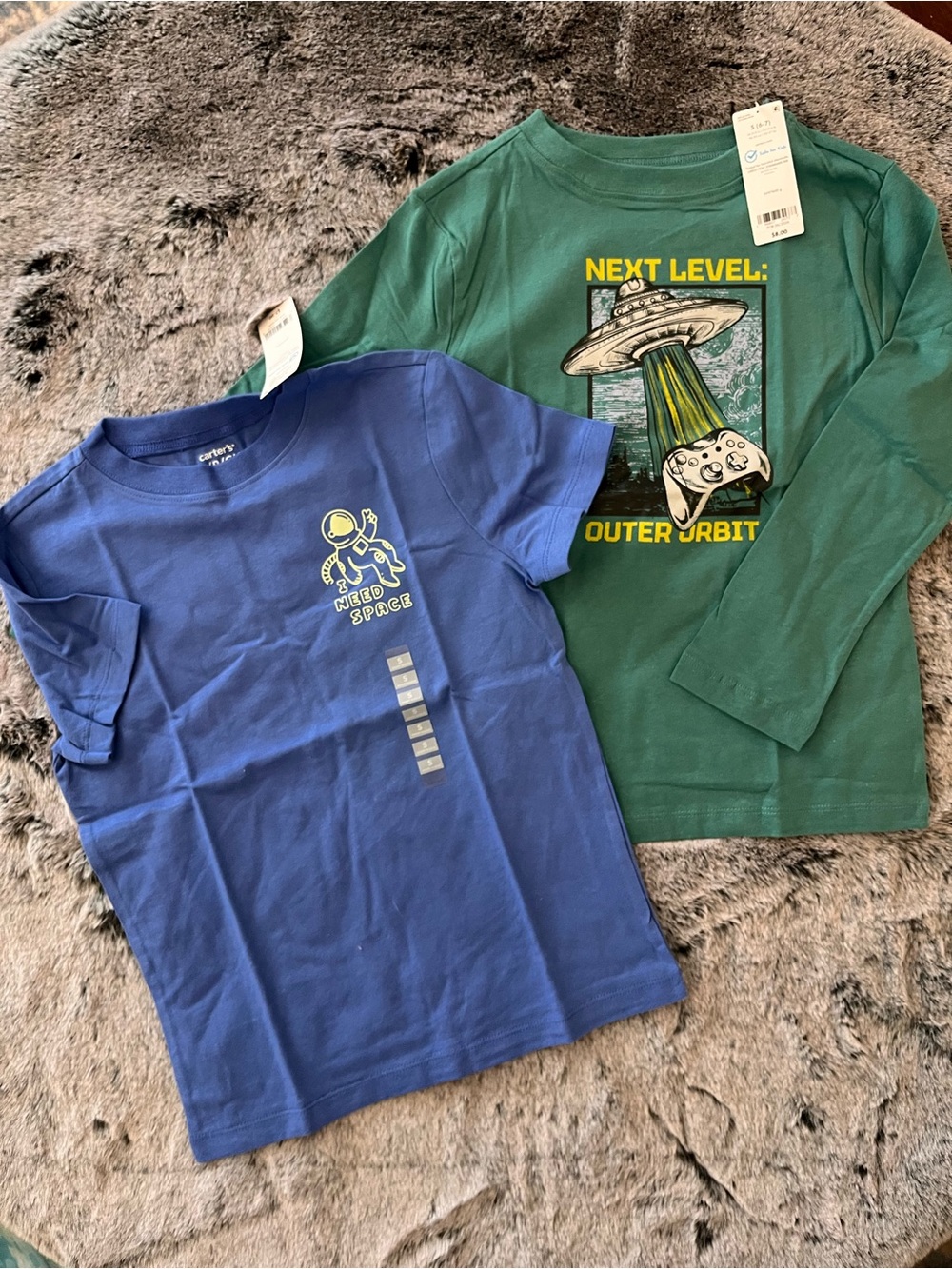 New Carter's Boy Space Graphic Tees - Blue Short & Green Long Sleeves Set Small